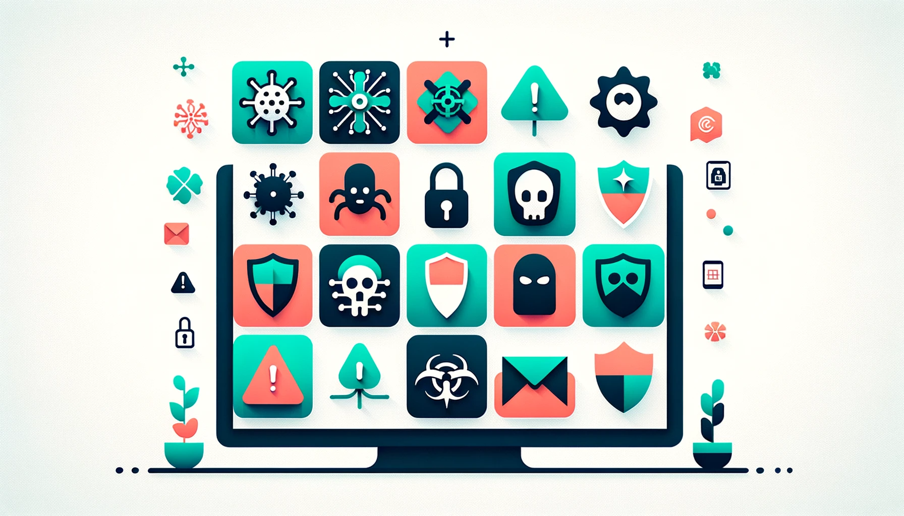  types de menaces informatiques comme les virus, les ransomwares, et le phishing